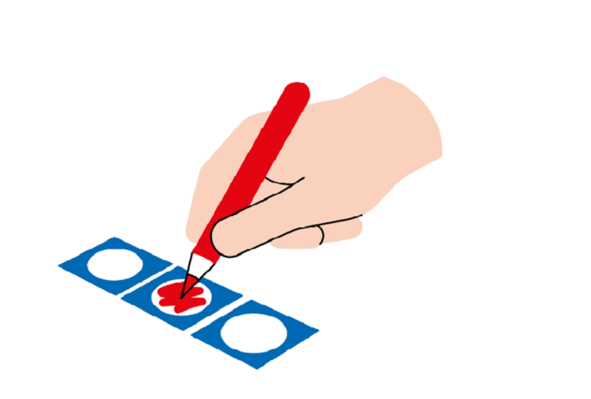 Illustratie van hand die met een rood potlood stemt